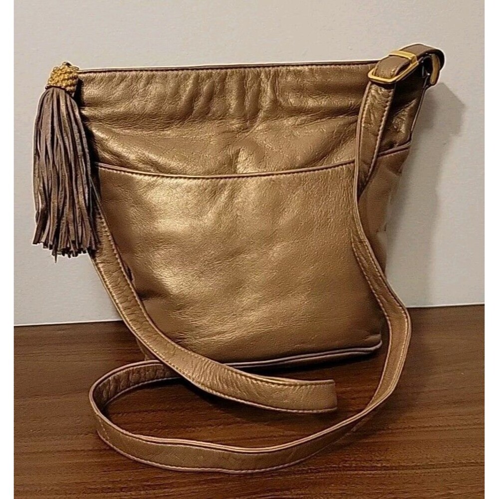 VINTAGE GANSON Bag Purse Gold Metallic Leather with Tassel Shoulder Bag